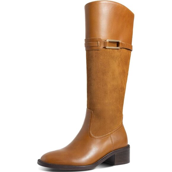 Women's Brown Round Toe Chunky Block Heel Zipper Buckle Riding Knee High Boots